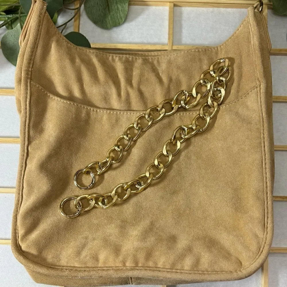 AH DORNED women’s tan brown suede shoulder bag and gold link chain strap